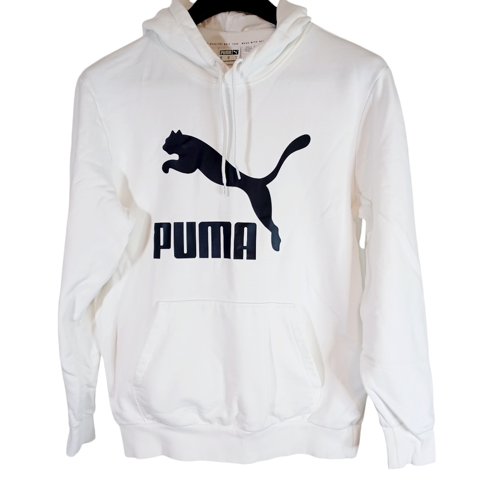 Puma Men's Sz M Soft Long Sleeve Kangaroo Pocket Classic Big Logo Hoodie White